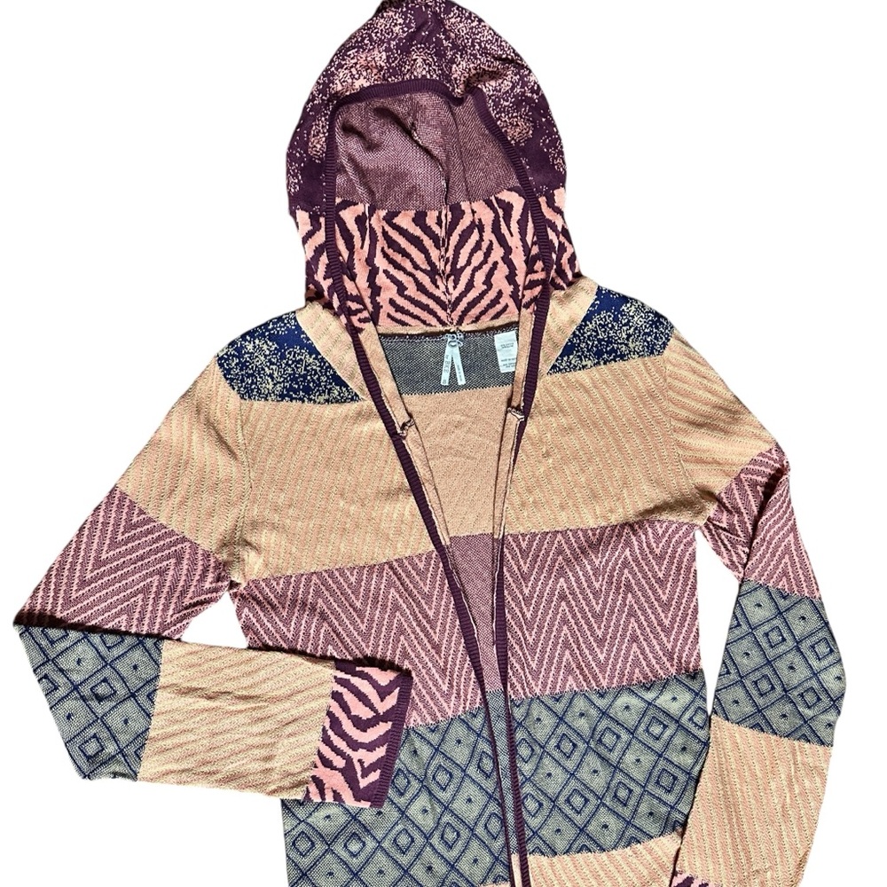 BKE Buckle Hooded Cardigan Sweater Mixed Pattern S-M